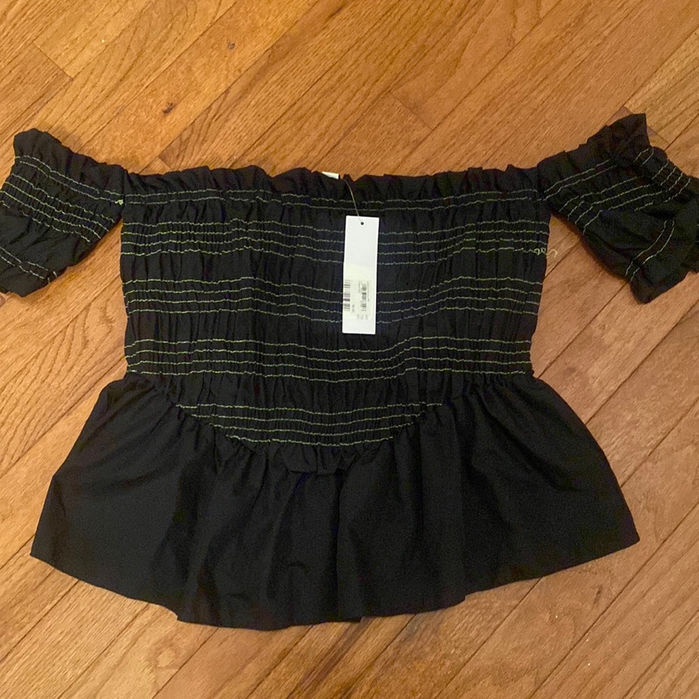 Topshop contrast stitch shirred bardot
top in black